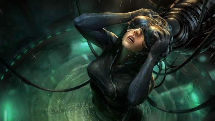 Motoko Kusanagi in a futuristic tank with cybernetic implants