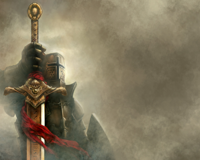 Knight holding a sword with red ribbon
