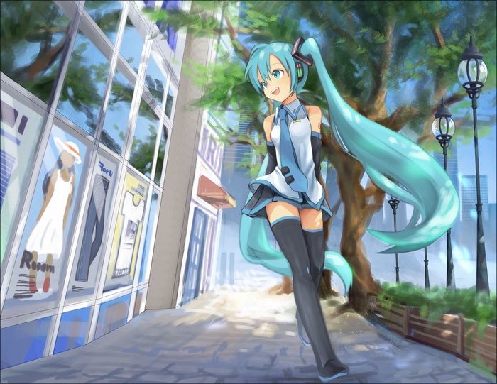Hatsune Miku walking on a city street