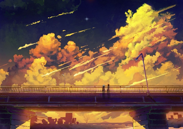 Anime couple on a bridge with dramatic clouds