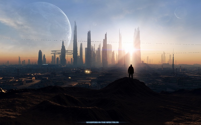 Futuristic city with a lone figure overlooking the skyline