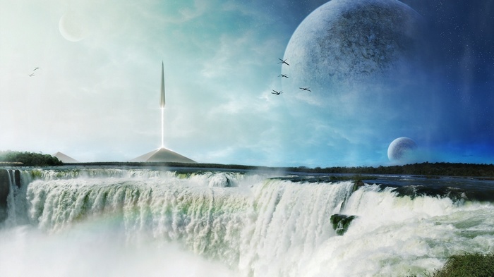 Alien planet with waterfalls and a futuristic tower
