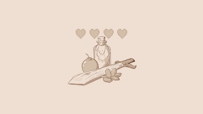 The Legend of Zelda items: sword, bomb, potion, hearts