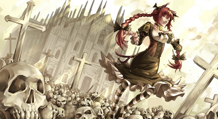 Kaenbyou Rin in a graveyard with skulls and a cathedral