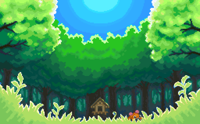 Pokémon pixel art forest with a small house