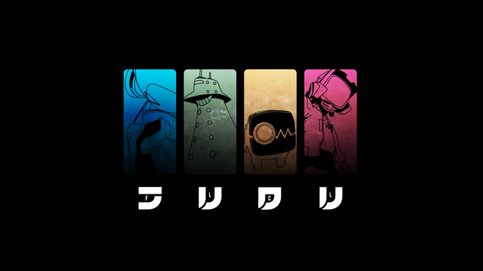 FLCL characters collage with logos