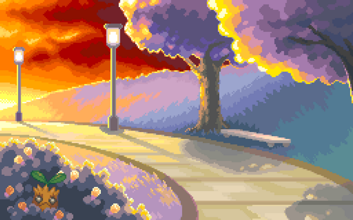Pokémon artwork of a small creature in a park at sunset