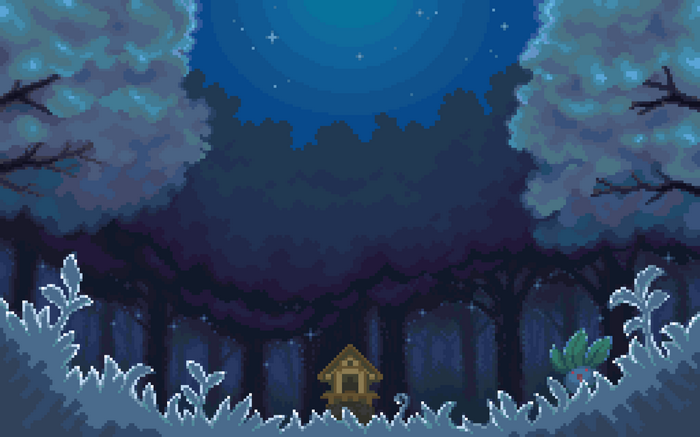 Pixel art of a forest at night with a small house and a Pokémon