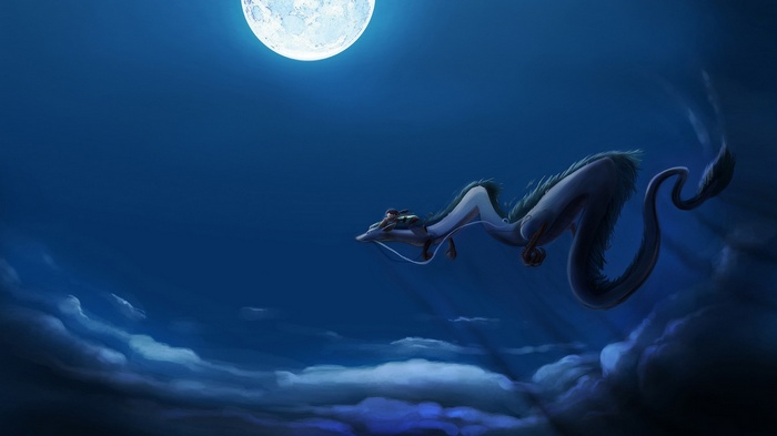 Haku the dragon flying under the moon in Spirited Away