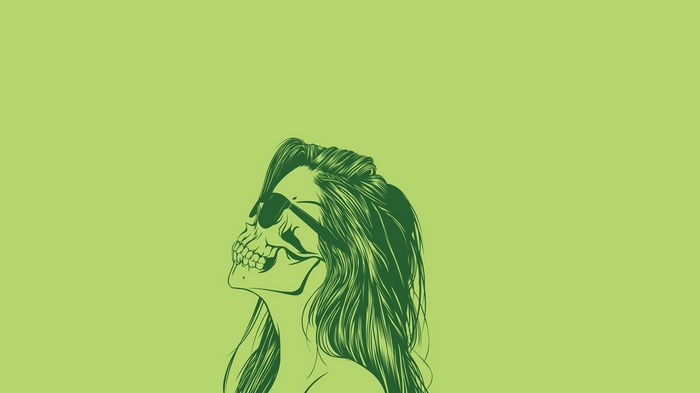 Artwork of a woman with skull face and sunglasses
