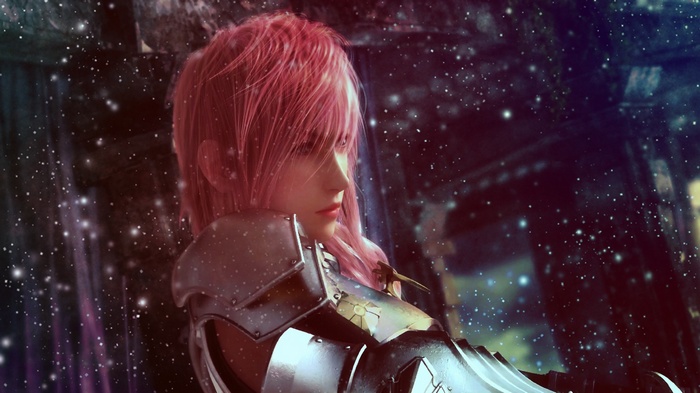 Lightning from Final Fantasy XIII in a starry background