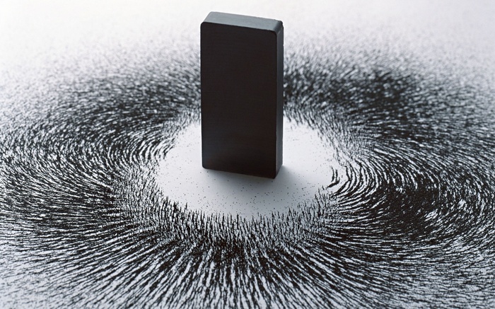 Magnet and iron filings showing magnetic field