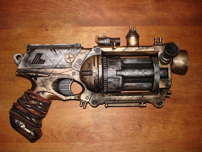 Steampunk revolver with leather-wrapped grip