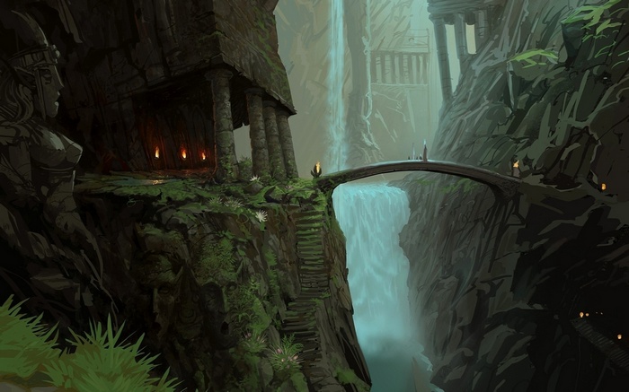 Fantasy art of a canyon with a waterfall and bridge