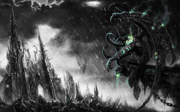 Illidan Stormrage in a dark, stormy World of Warcraft landscape