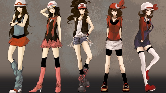 Five anime girls in Pokémon trainer outfits