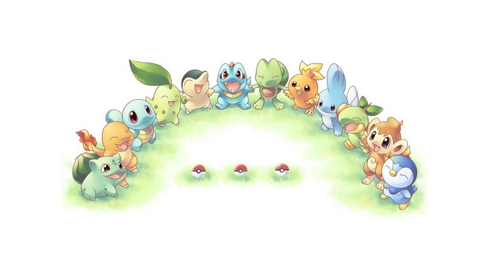 Pokémon starters in a circle with Poké Balls