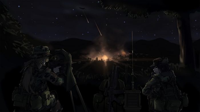 Anime girls in military gear observing a night battle