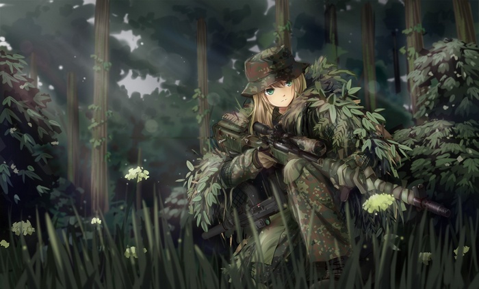 Anime girl in ghillie suit with sniper rifle in forest