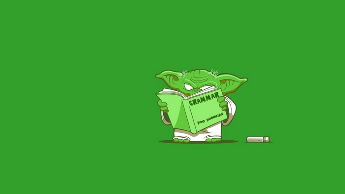 Yoda reading 'Grammar for Dummies'