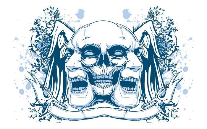 Artwork of a multi-faced skull with wings and floral elements