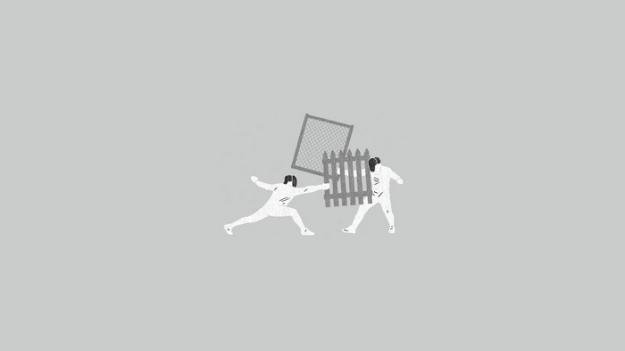 Two fencers in protective gear with fences