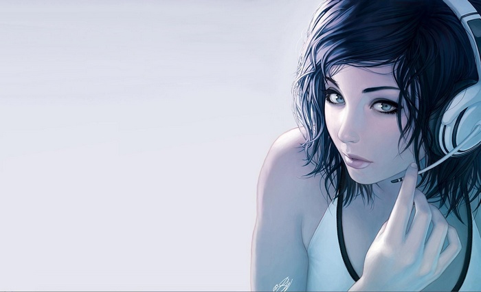 Artwork of a woman with black hair wearing headphones