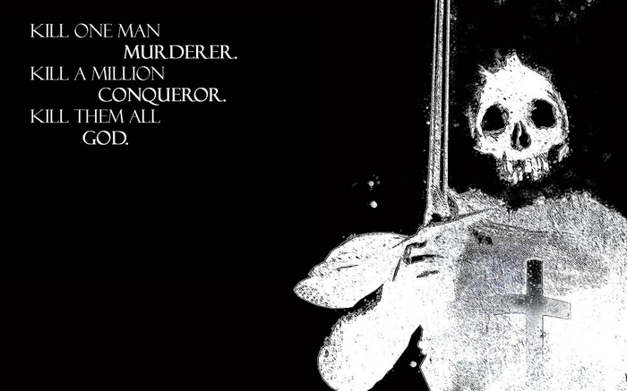 Skull with sword and quote about killing