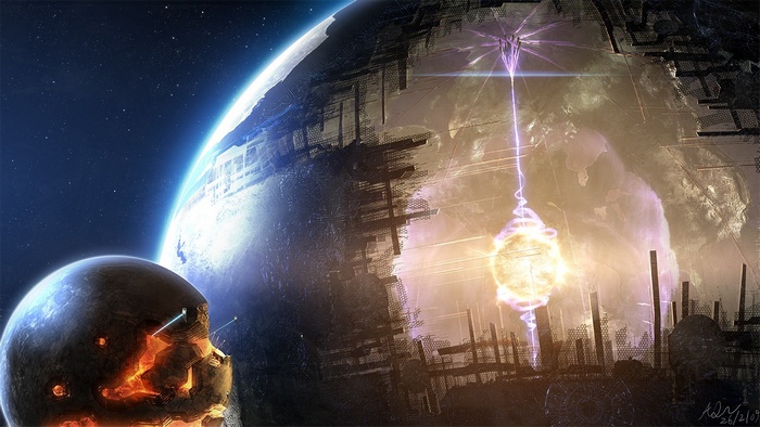 Dyson sphere with planets and energy beam