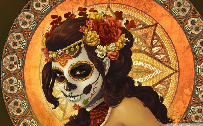 Woman with Sugar Skull face paint and flower crown