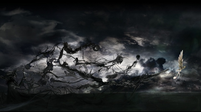 Surreal fantasy art with skeleton and bird