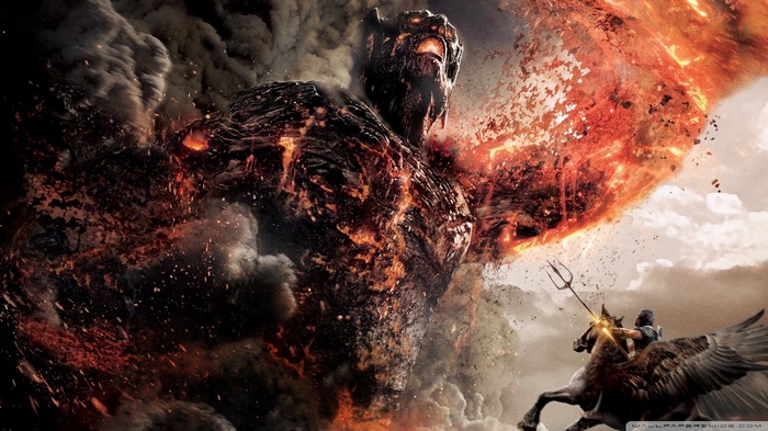 A warrior on Pegasus fights a lava monster