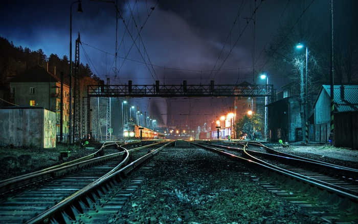 train, train station, vehicle, night, railway, railway station