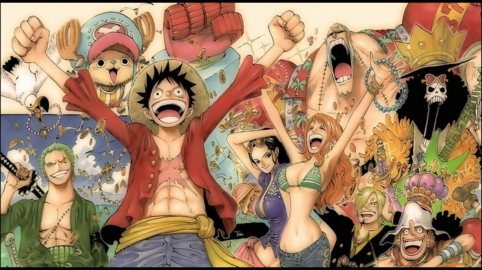 One Piece characters celebrating with coins and jewels