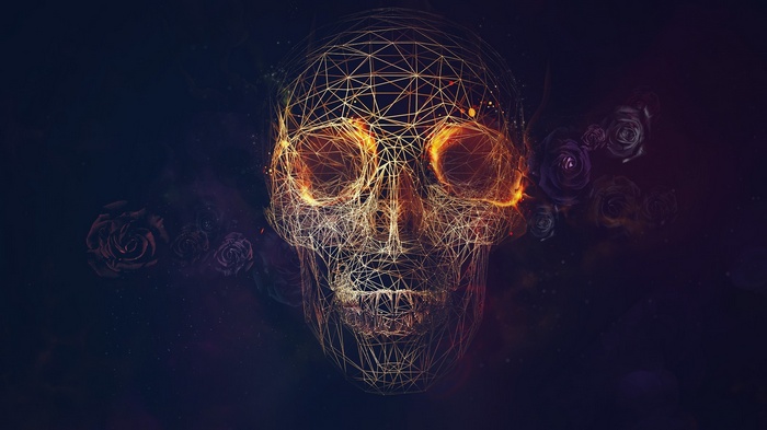 Wireframe skull with glowing eyes and roses