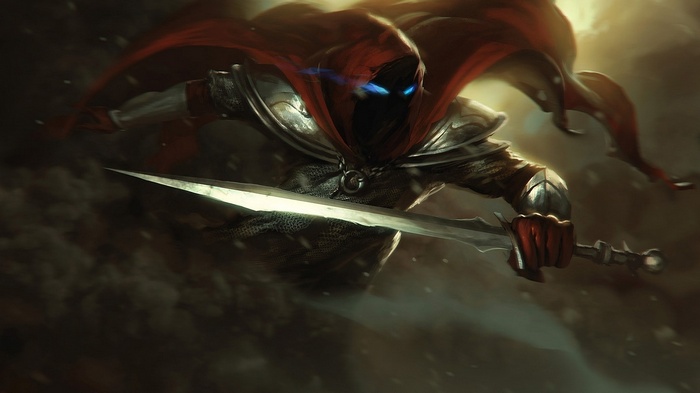 Warrior with glowing eyes and sword in red cloak