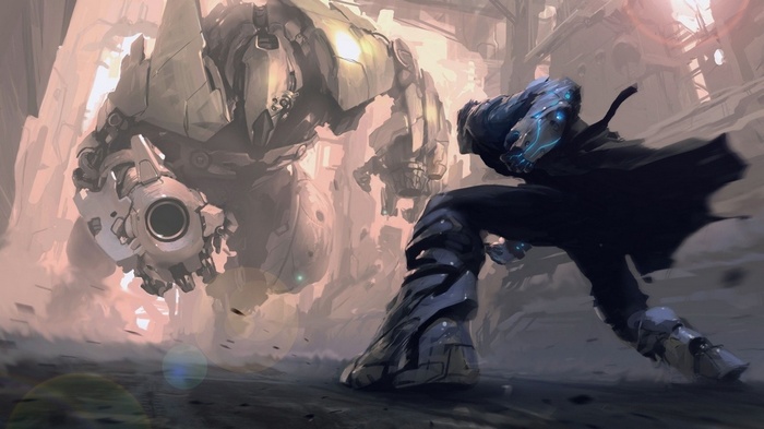Robot fighting a futuristic warrior in a desolate city
