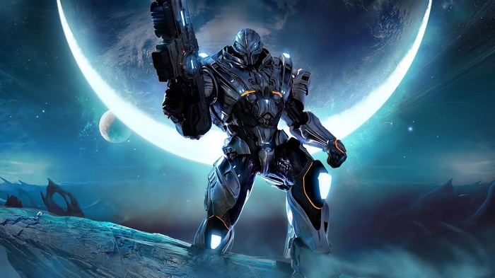 Robot with a gun on an alien planet