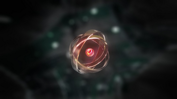 Abstract atom with orbiting rings