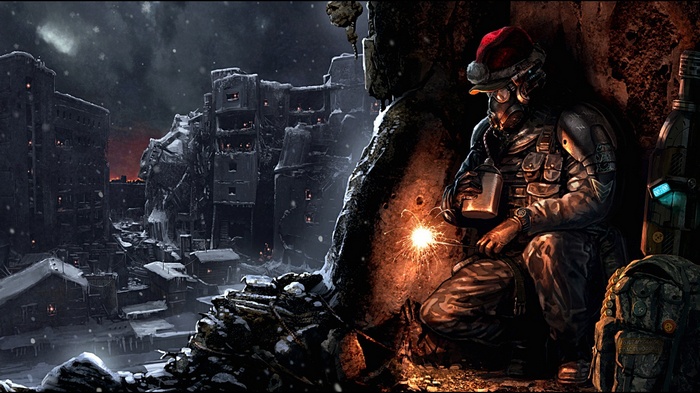 Apocalyptic soldier with Christmas hat welding in snow