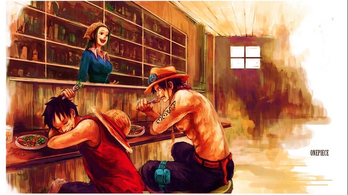 One Piece: Ace, Luffy, and Robin at a Table