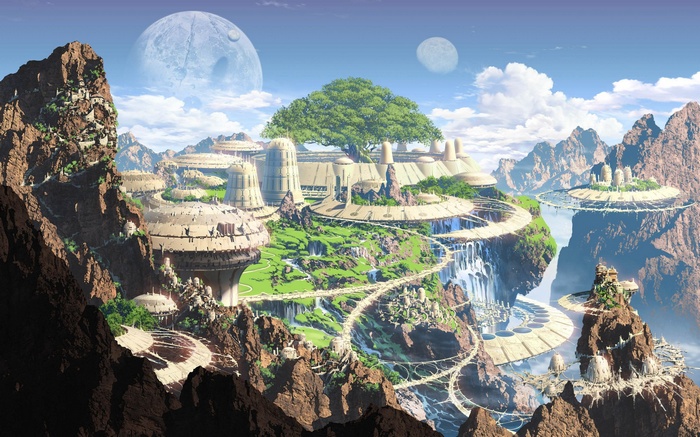 Futuristic city on mountains with moons in the sky