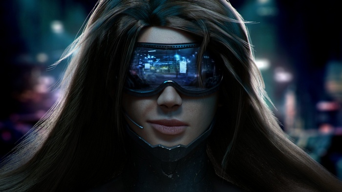 Cyberpunk woman with futuristic goggles and long hair