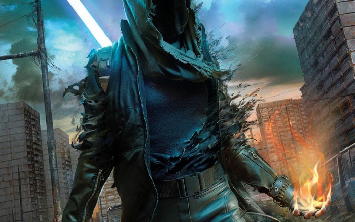 Dark warrior with fire in hand in ruined city