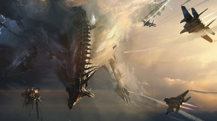 Jets battle a giant dragon in a stormy sky