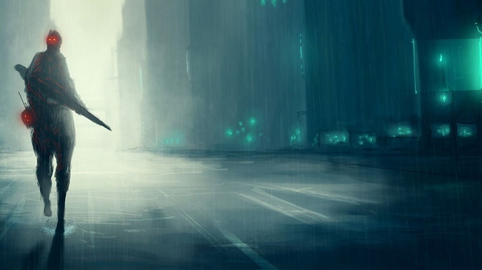 Futuristic soldier with glowing eyes in a rainy city