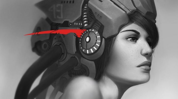 Cyborg woman with red accent