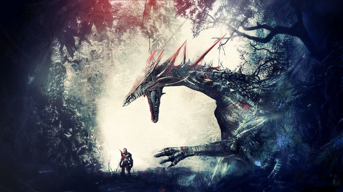 Dragon Age: Origins Dragon and Warrior in Forest