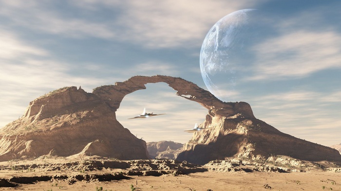 Spaceships fly through a natural arch on an alien planet