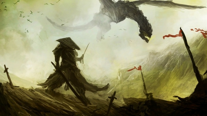 Samurai warrior confronts a dragon in a desolate landscape